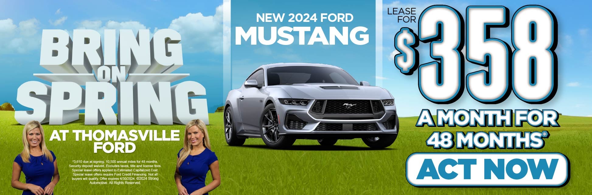 New 2024 Ford Mustang lease $358/mo for 48 mos. Act Now.